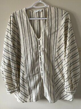 Primark Cares Long Slv Cuffed  Cream/Blue Strips Cotton Top Sz M/L  - NWOT